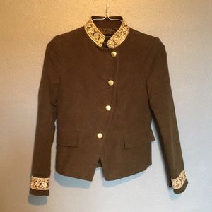 Army green blazer with gold accents
